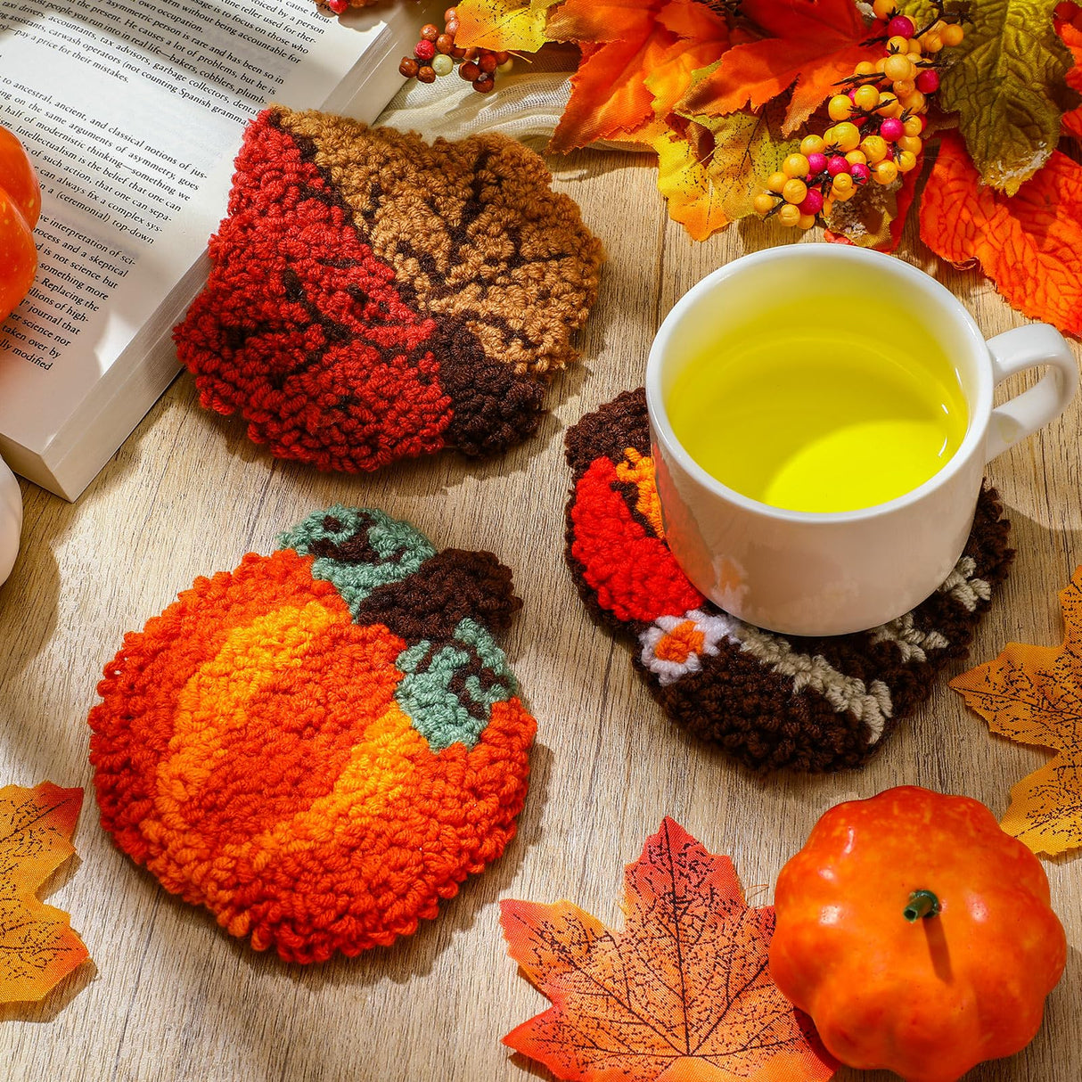 Mindsoft 6 Pcs Fall Punch Needle Coaster Kit Thanksgiving Punch Needle Embroidery Kits with 6 Patterns Yarn Tools Sticky Felt Embroidery Hoop Instruction for Adult Beginner DIY Craft Supplies Mindsoft