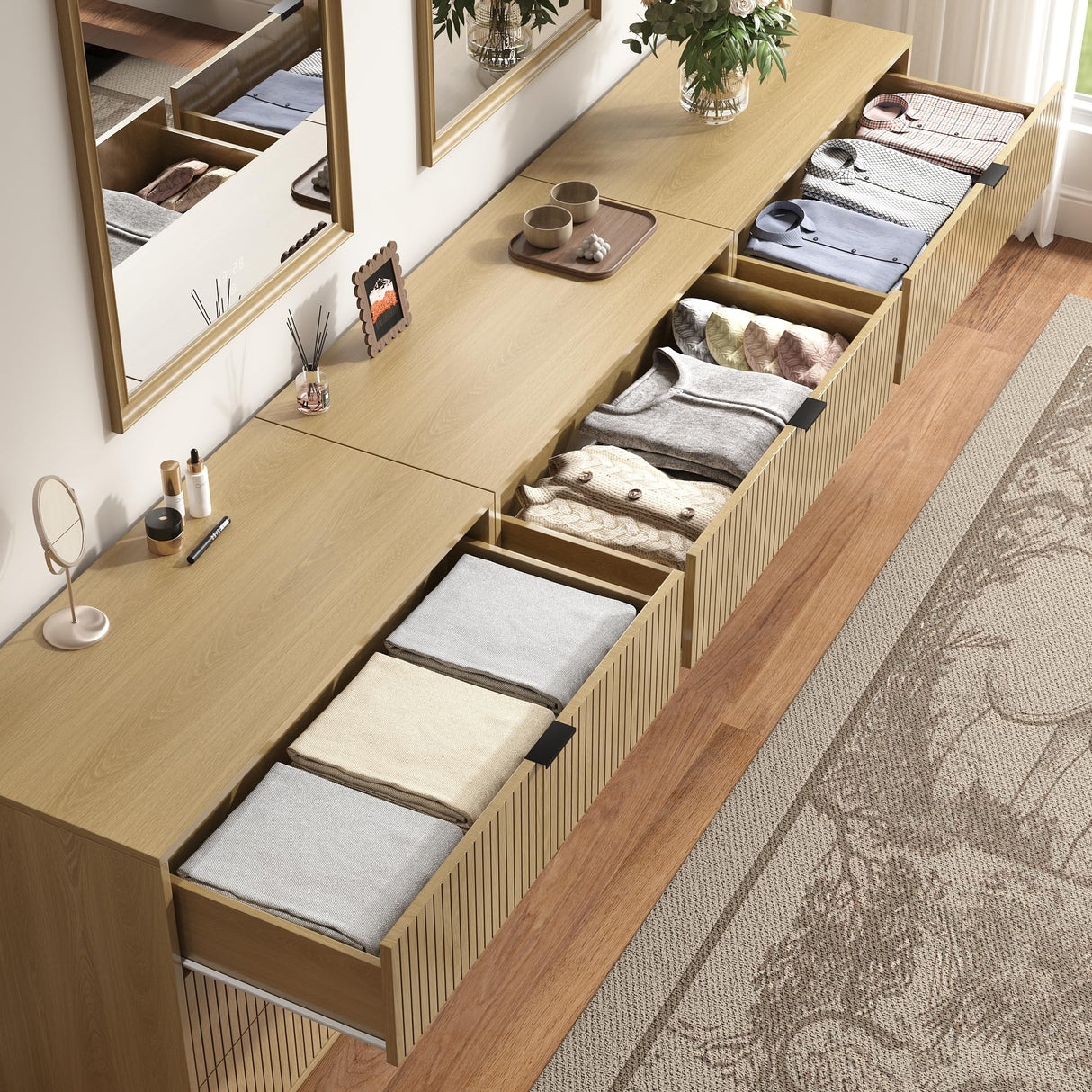 BVIUNTWO Fluted 9 Drawer Dresser,95 Inch Modern Chest of Drawers with Metal Handle,Wood Dresser Organizer for Bedroom,Living Room,Hallway,Natural Oak BVIUNTWO