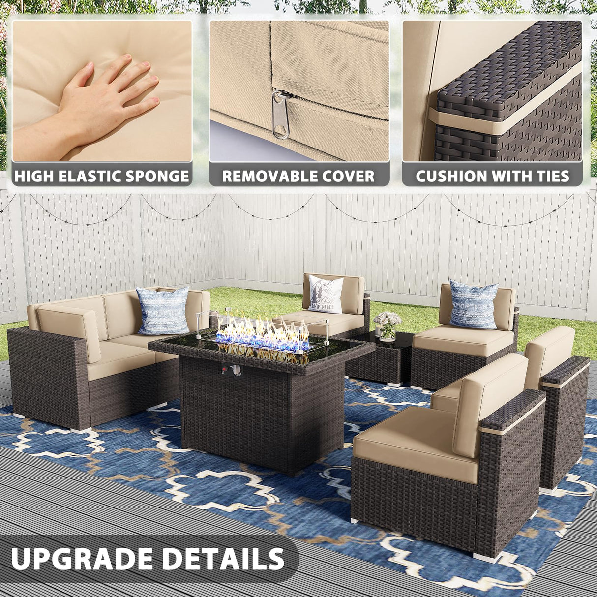 Vakollia 8 Pieces Patio Furniture Set with 44" Propane Gas Fire Pit Table, Outdoor Sectional Brown Rattan Wicker Conversation Sofa Sets with Coffee Table Vakollia