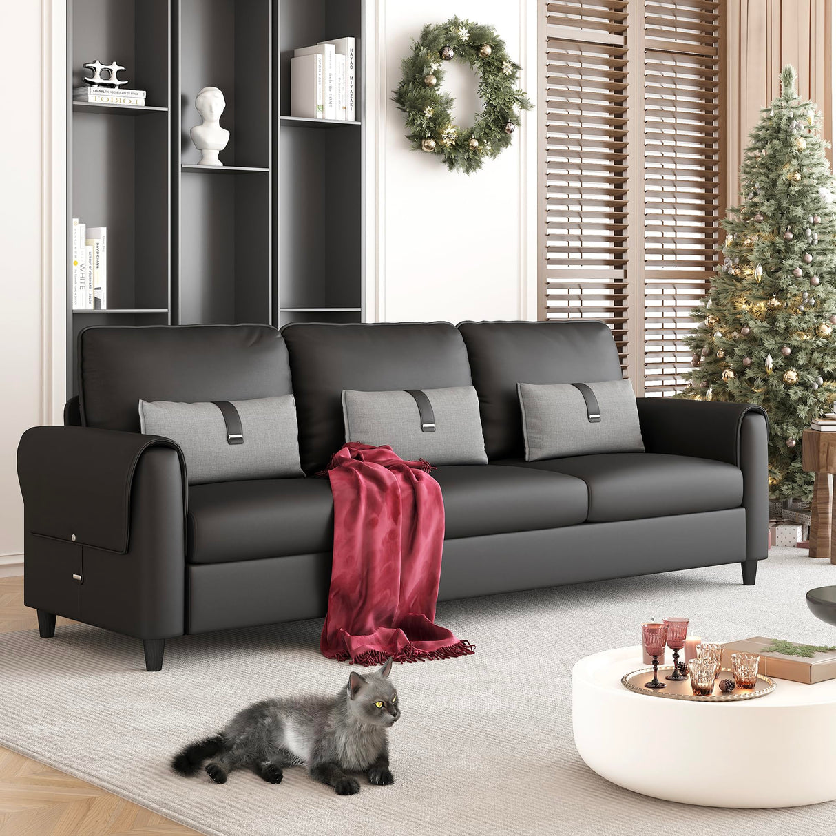STHOUYN 88” Faux Leather Couch for Living Room, Black Office Couch Small Space, Comfy 3 Seater Couches Leather Sofa with High Backrest (Black) STHOUYN