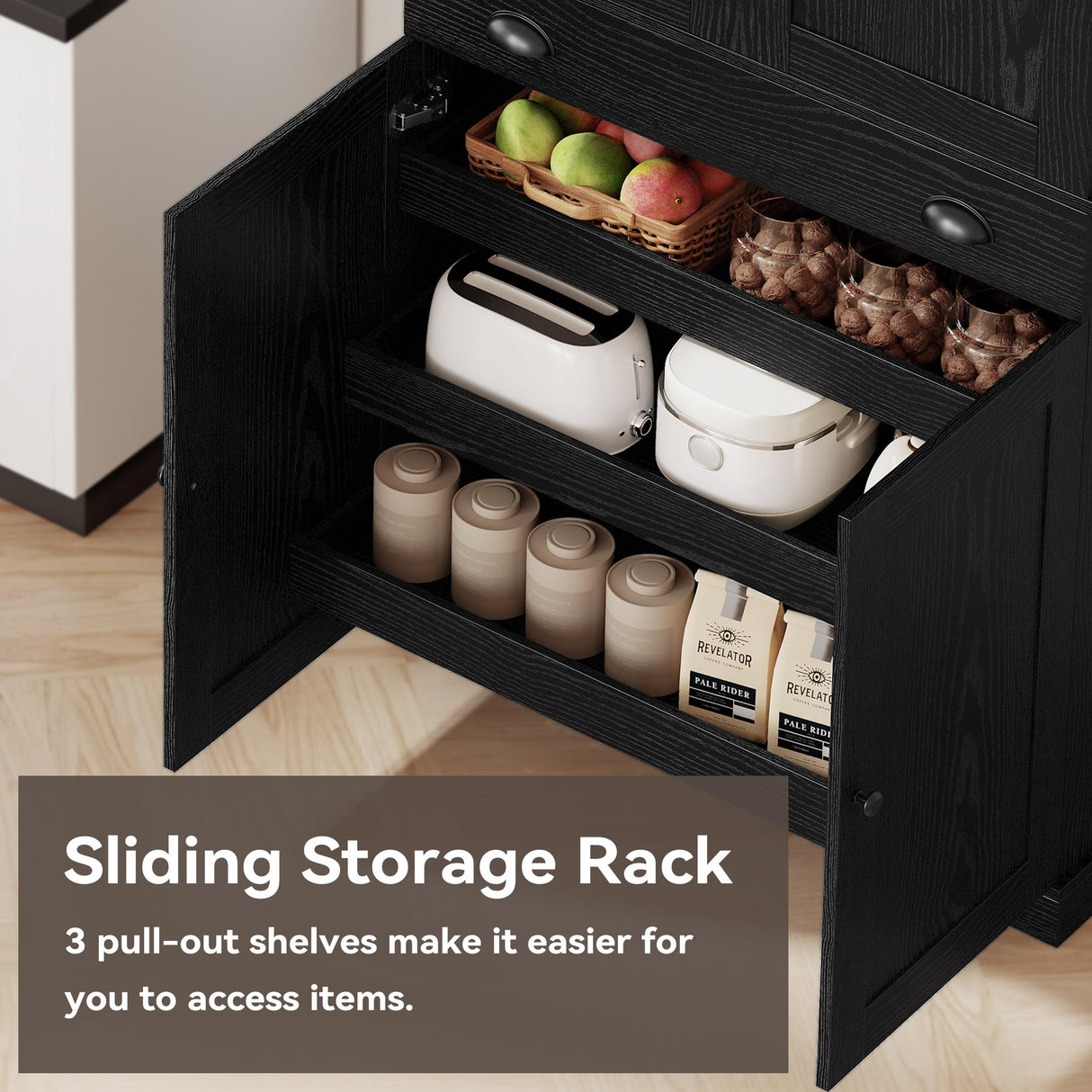 IRONCK Kitchen Pantry Cabinet 72" Height, Freestanding Cupboard with Drawer, Sliding Storage Rack, and 6 Hanging Shelves for Dining Room, Laundry, Living Room, Black IRONCK