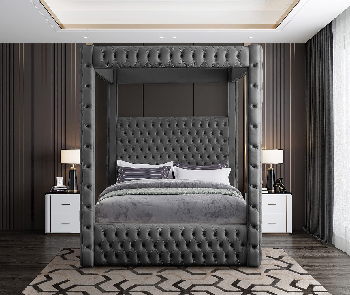 Meridian Furniture RoyalGrey-K Royal Collection Modern | Contemporary Velvet Upholstered King Bed with Soft Grey Velvet, Deep Elegant Tufting, Canopy, 86.5" W x 89" D x 87" H, Grey Meridian Furniture
