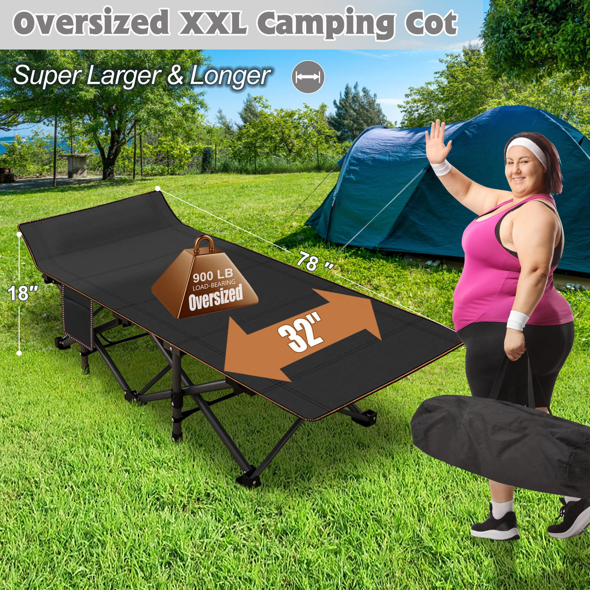ABORON Oversized XXL Folding Camping Cot W/Mat for Adults, 78" L x 32" W x 18" H, Heavy Duty Outdoor Bed with Carry Bag,1200 D Layer Oxford Travel Camp Cots ABORON
