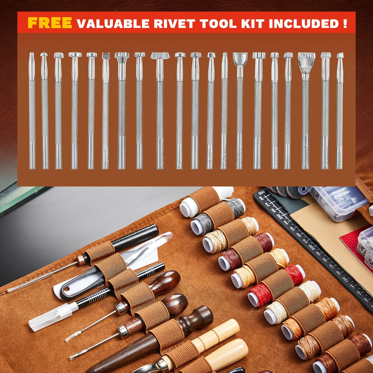 SAKERNEO Professional Leather Working Tools Kit with 52 Stamping Molds, Multi-Size Hole Punch Tool, Engraving/Cutting Mats & Rivet Accessories,Leather Crafting Kit for DIY, Repair & Stitching SAKERNEO