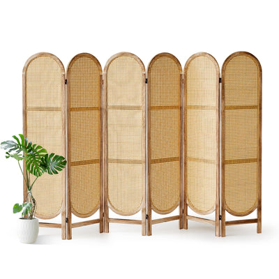 Aletheiawu 6 Panel Room Divider, 5.6 Ft Foldable Wood Room Divider Screen, Hand-Woven Rattan Folding Privacy Screens with Double Hinges, Wall Divider for Room Separation Bedroom Home Office - Natural