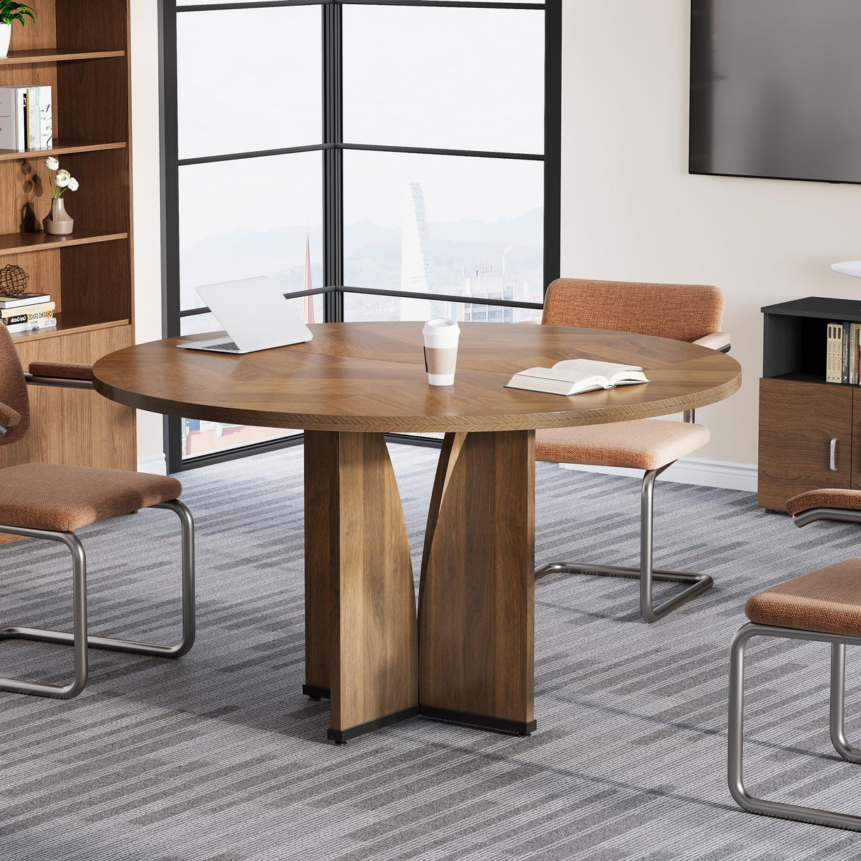 Tribesigns 39" Round Conference Table for 4, Modern Round Meeting Table with Sturdy Base, Small Compact Conference Room Tables for Office, Training, or Negotiation (Brown) Tribesigns
