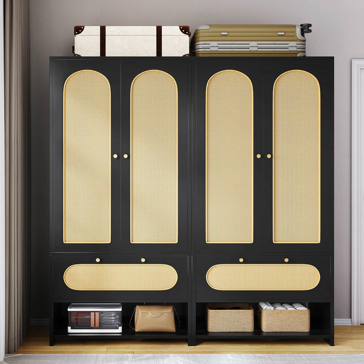 DWVO Rattan Armoire Wardrobe Closet - 70" Tall Rattan Armoire Closet with Doors, Large Storage Cabinet with Drawers & Hanging Rod/Bedroom Armoire - Black DWVO