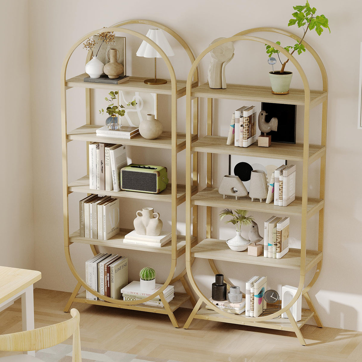 Kogven Bookshelf Arched Bookcase, Industrial 5 Tier Open Book Shelves with Metal Frame, 72" Tall Freestanding Display Rack for Home Office, Living Room,Nature Wood and Gold Kogven