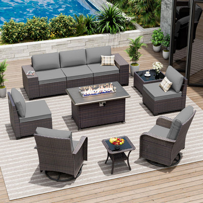 ASJMR 10 Pieces Patio Furniture Set with 2 Swivel Chairs Patio Furniture Outdoor Sectional Sofas with 55000 Gas Fire Pit Patio Conversation Set w/7 Cushions-Gary
