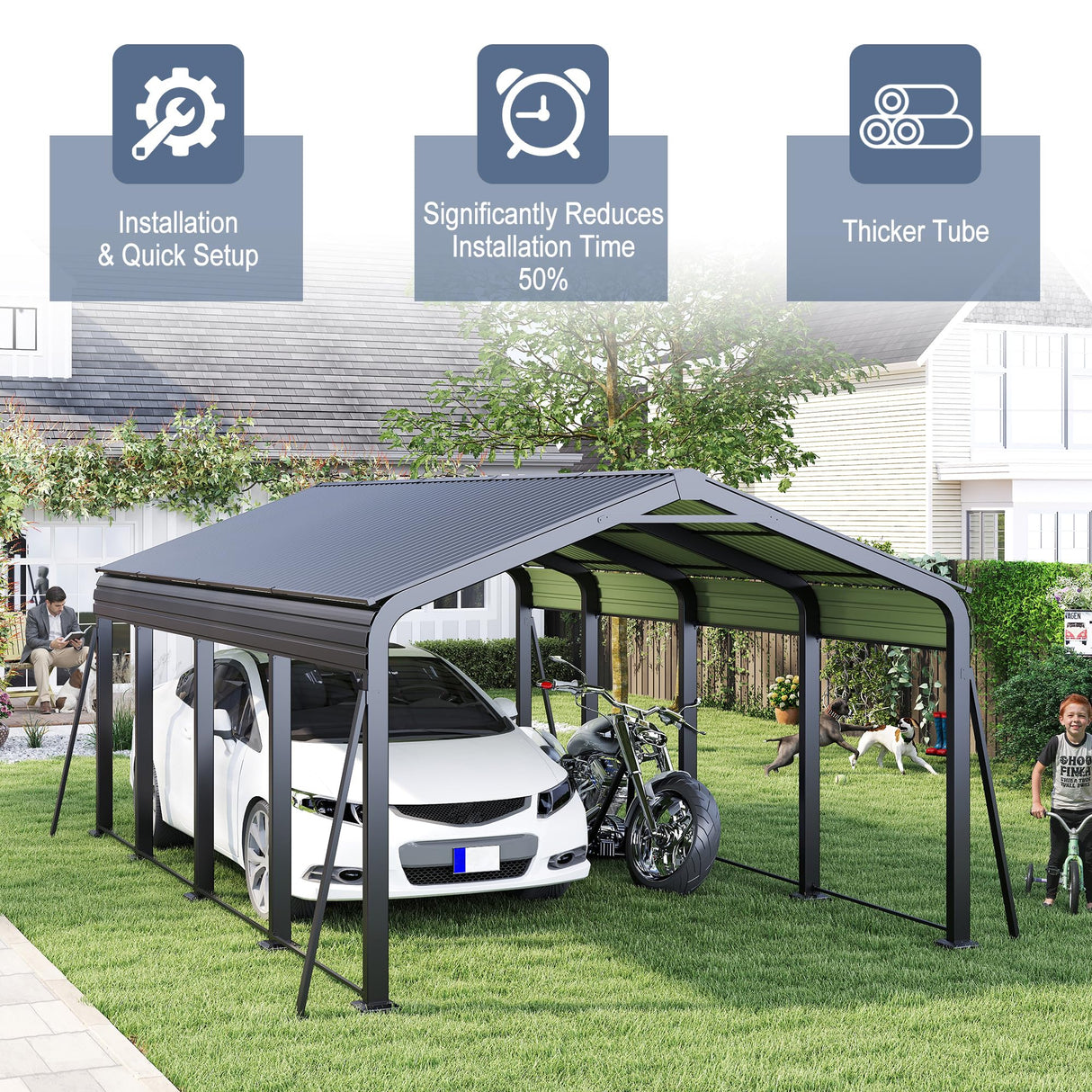 12x20 FT Metal Carport, Heavy Duty Car Port Canopy with Galvanized Steel Roof & Frame, Large Metal Carport Kit, Outdoor Car Garage, Steel Car Shelter for Car, Boat, Truck, Dark Gray ANTSKU