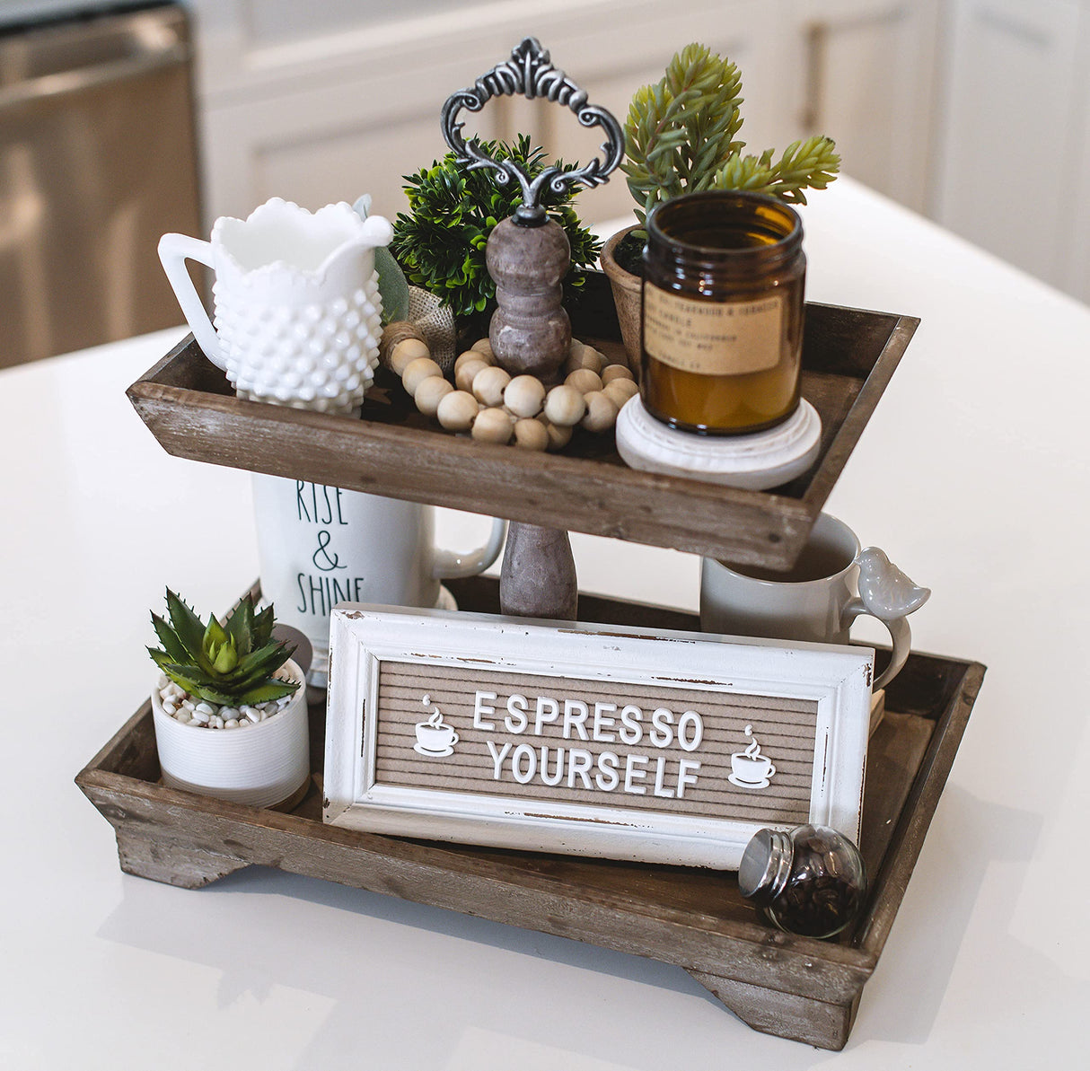 Felt Creative Home Goods Rustic Wood Two Tiered Tray Rectangle 2 Tier Serving Tray for Coffee Bar, Kitchen Counter, Dining Room Table, Cupcake Stand, Holiday and Farmhouse Decor (Rustic Brown) Felt Creative Home Goods