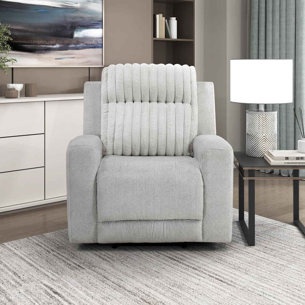 Lexicon Modern Recliner Chair for Living Room, Manual Wall Hugger Textured Microfiber Reclining Chair, Plush Corduroy Channel Seat Back, Manual Recliner, Light Gray Lexicon
