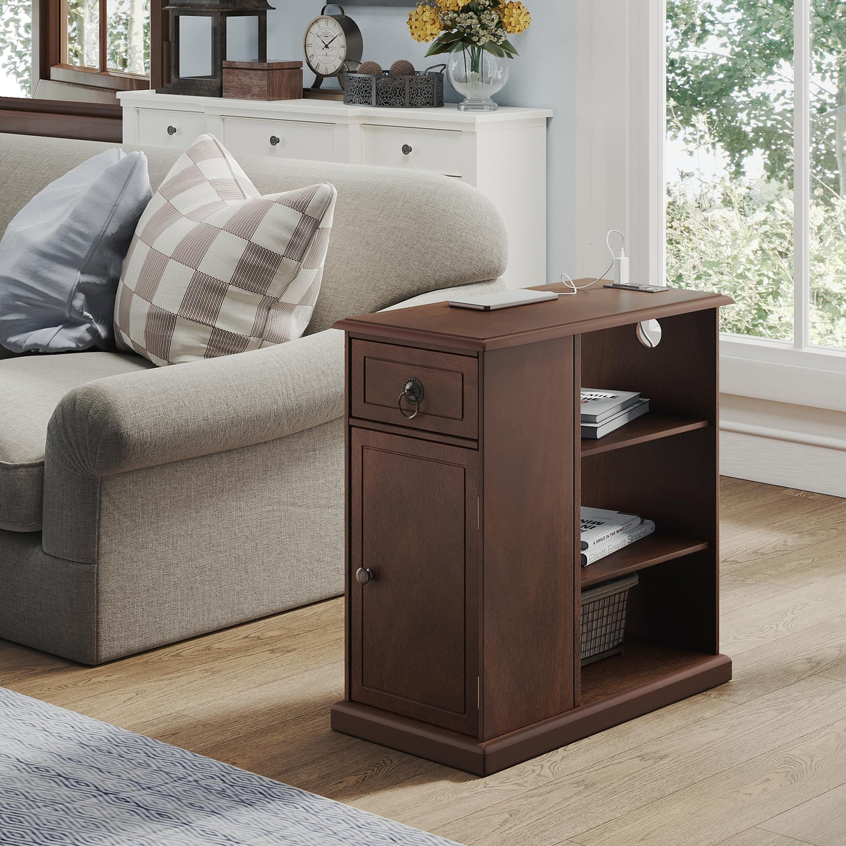 ChooChoo Farmhouse XXL End Table with Charging Station,Narrow Sofa Side Table with Adjustale Shelf, 3 Tier Rustic Night Stand for Small Place Living Room, Cherry Brown ChooChoo