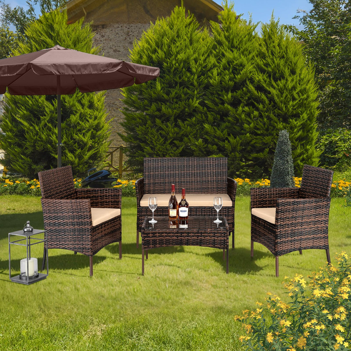 VINGLI 4 Pieces Outdoor Patio Furniture Set Wicker Patio Conversation Set with Coffee Table, Rattan Chair Patio Wicker Sofa Set for Yard,Pool or Backyard (Brown) VINGLI