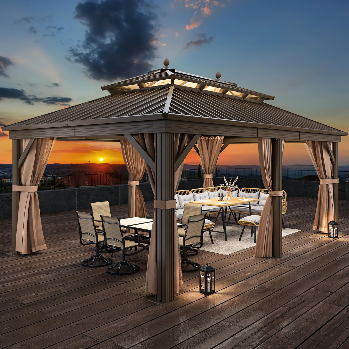 YITAHOME Gazebo 12x18ft Hardtop Heavy Duty Double Roof Outdoor Upgraded Galvanized w/Nettings Curtains Steel Combined of Horizontal Vertical Stripes Roof for Patio, Backyard, Deck, Lawn (Bronze) YITAHOME