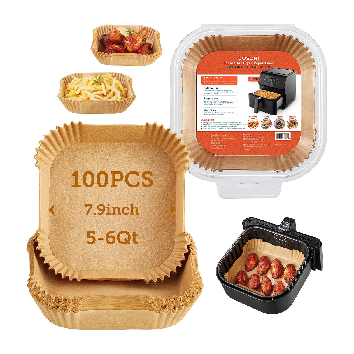 COSORI Air Fryer Liners, 100 PCS Square Disposable Paper Liners, Non-Stick Silicone Oil Coating, Little to No Cleaning, 7.9" Unbleached Food Grade, Resistant to 465°F, Thickened Not Easy to Break COSORI