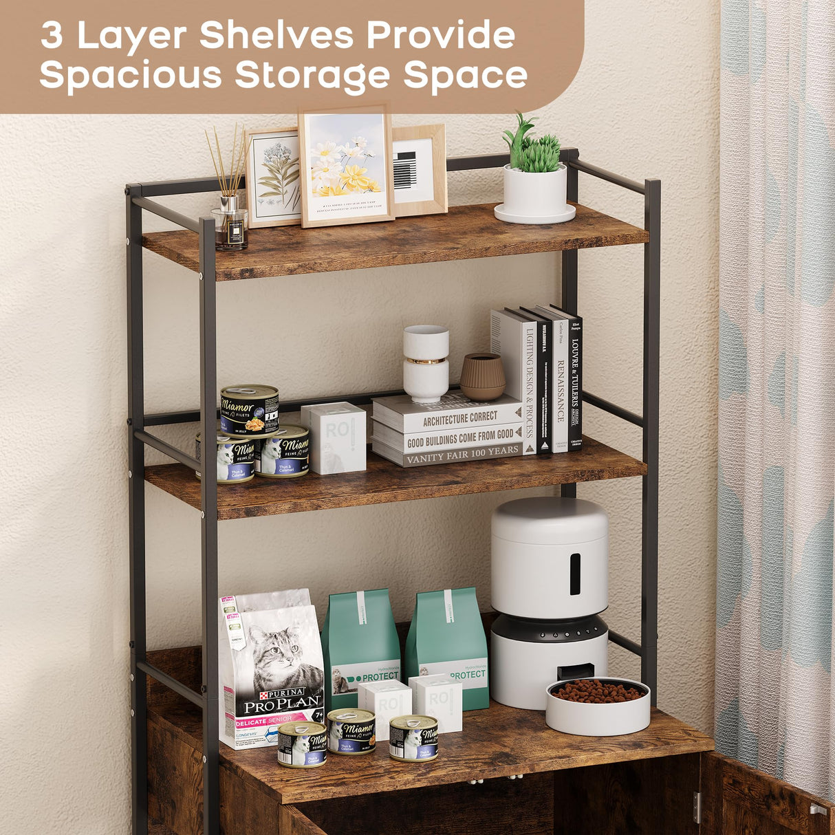 GAOMON Cat Litter Box Enclosure with Shelf Storage, 2-in-1 Hidden Cat Washroom Furniture, Indoor Cat Cabinet, Hidden Cat Box Enclosure with 3 Shelves and Door, Cat House for Most Litter Box, Brown GAOMON