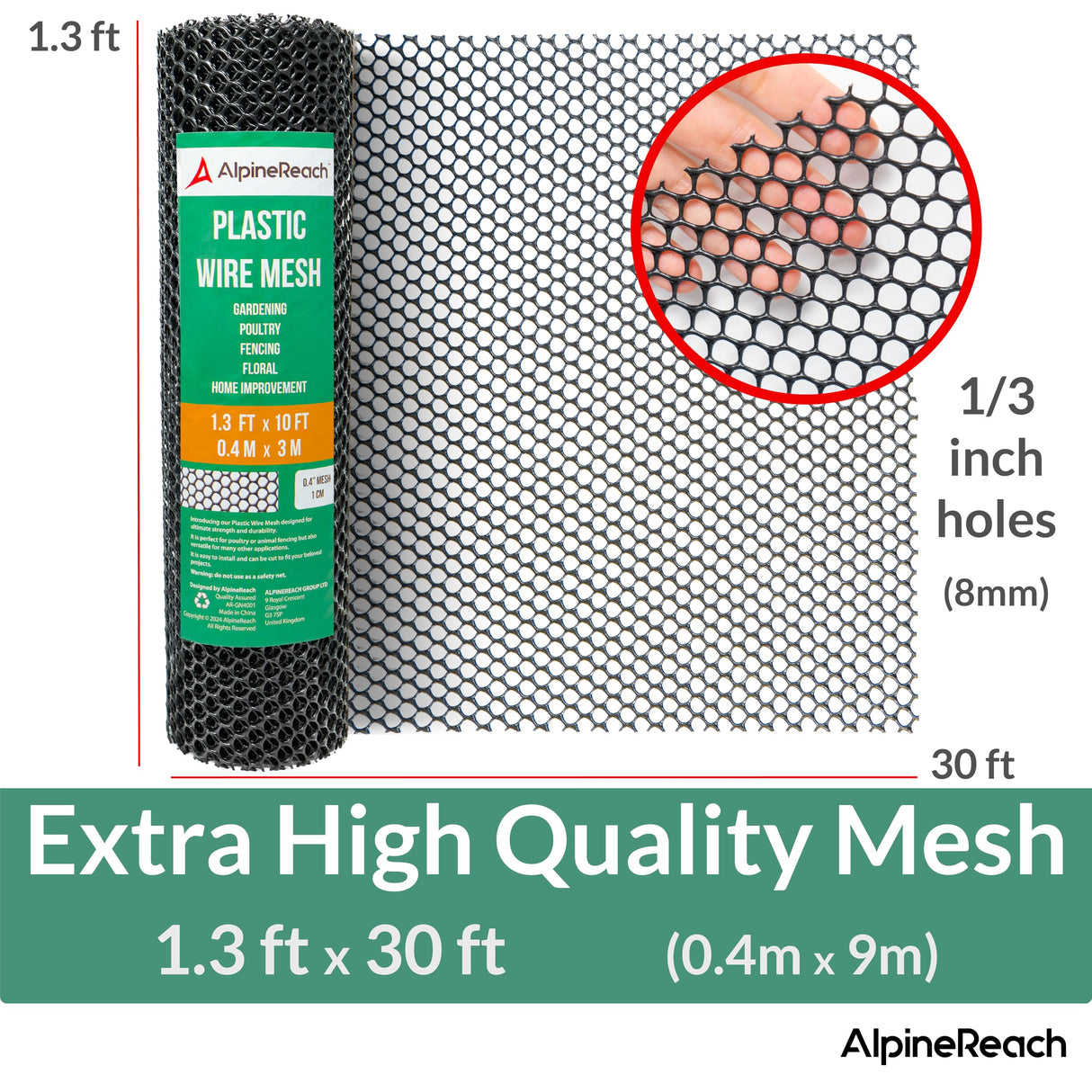 AlpineReach Plastic Wire Mesh 1.3ft x 30ft (15.7" x 360") Fence Roll with Zip Ties - Ideal for Poultry, Dogs, Rabbit Barrier & Gardening, Durable Chicken Mesh, Versatile Rigid Fencing & Netting, Black AlpineReach