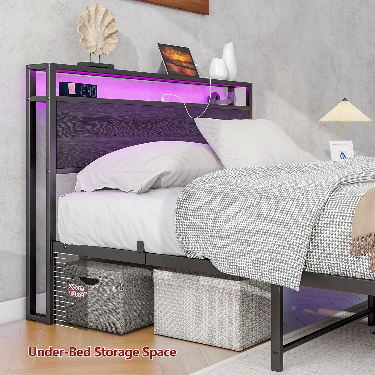 HOJINLINERO Full Size Bed Frame with Storage Headboard/LED Lights,Metal Bed Frame Full Size with Charging Station,Platform Bed Frame Full Size No Box Spring Needed,Heavy Duty Metal Slats Support,Black HOJINLINERO