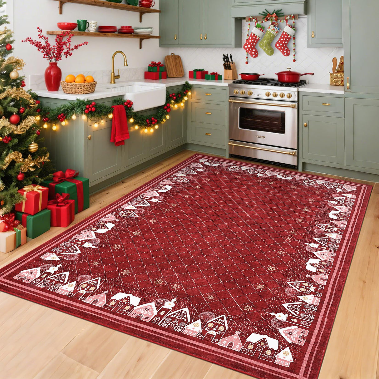 Christmas Area Rug 5x7 for Bedroom Living Room Non Slip Large Dining Room Holiday Decor Throw Carpet Washable Rugs Xmas Decoration Bordered Area Rugs Bordered Carpet for Nursery Kitchen, Red GarveeHome