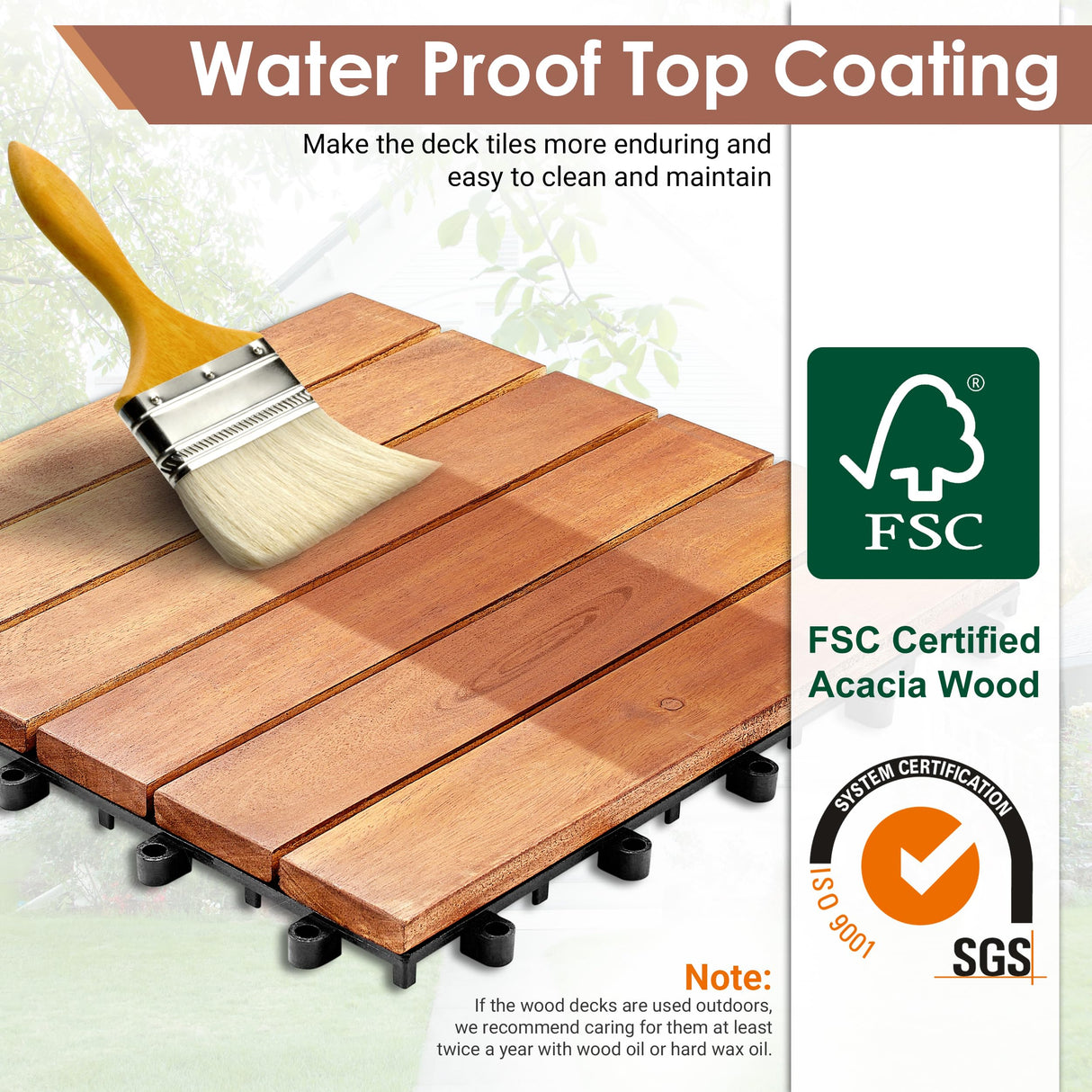 PrimeZone 54 PCS Solid Acacia Wood Interlocking Patio Deck Tiles - 12" x 12" Indoor Outdoor Waterproof Flooring Tiles for Balcony, Backyard, Garden & Poolside, All Weather Use, Natural Wood PrimeZone