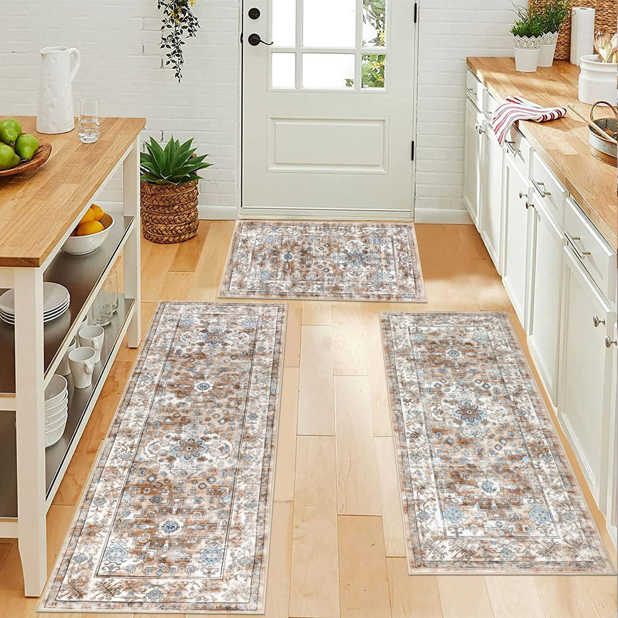 Pauwer Kitchen Mats for Floor 3 Piece Set Boho Non Slip Kitchen Rugs Washable Farmhouse Kitchen Floor Mats Thick Long Kitchen Throw Area Rug Carpet Runner for Hallway Entryway Laundry Bathroom Pauwer