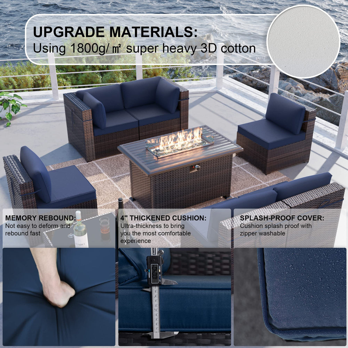 Kullavik 8 Pieces Outdoor Patio Furniture Set with 43" 55000BTU Gas Propane Fire Pit Table PE Wicker Rattan Sectional Sofa Patio Conversation Sets,Dark Blue Kullavik
