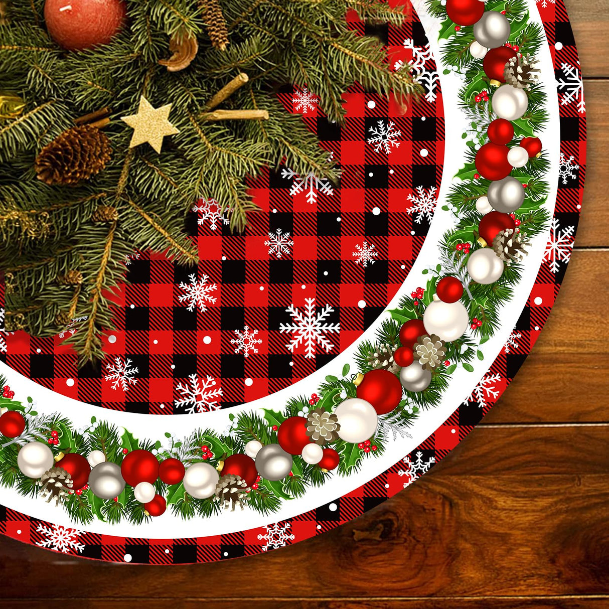 48 Inch Christmas Tree Skirt Red and Black Buffalo Plaid Christmas Tree Skirt, Snowflake Bells Decoration, New Year's Eve Holiday Party Outdoor Decoration Staraise