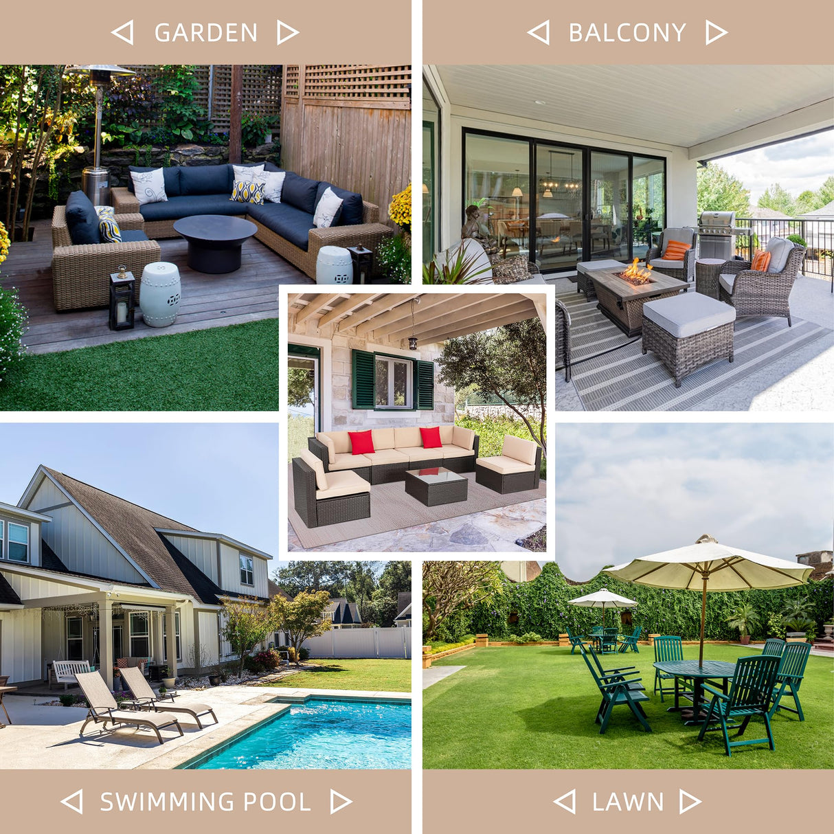 Shintenchi 7 Pieces Patio Furniture Sets Outdoor All-Weather Sectional Patio Sofa Set PE Rattan Manual Weaving Wicker Patio Conversation Set with Glass Table&Ottoman Cushion and Red Pillows, Beige Shintenchi