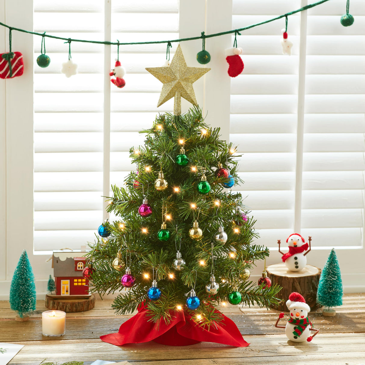 Joiedomi 24"/2FT Mini Christmas Tree Tabletop Set with Clear LED Lights, Artificial Mini Christmas Tree with Star Treetop and Hanging Ornaments, Best DIY Xmas Decorations Joiedomi