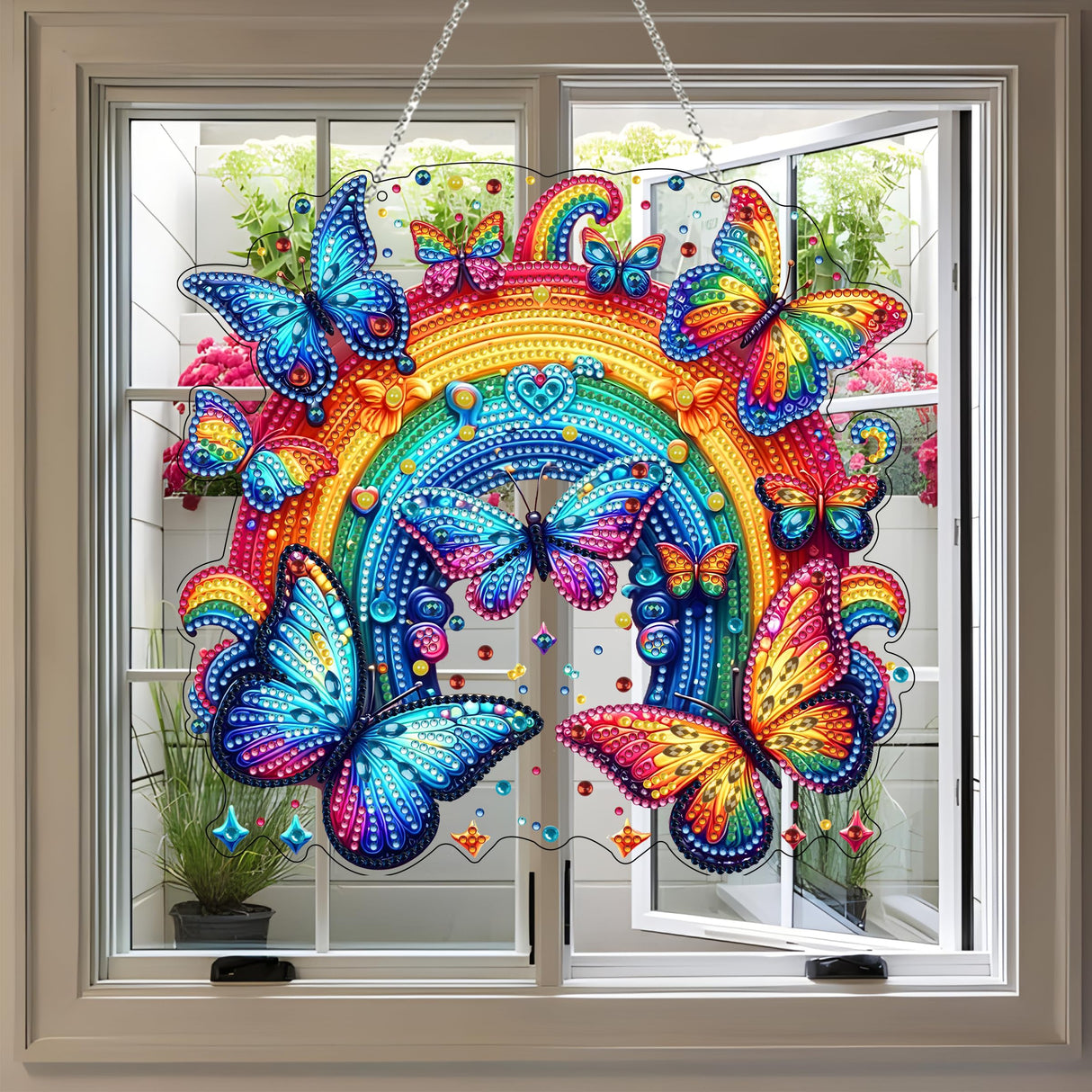 JJFox Diamond Art Hanging Kit for Adult,Special Shaped Rhinestone,DIY Acrylic 5D Diamond Art Painting Window Pendants Home Garden Wall Hanging Kits Hanging Ornament (Rainbow Butterfly) JJFox