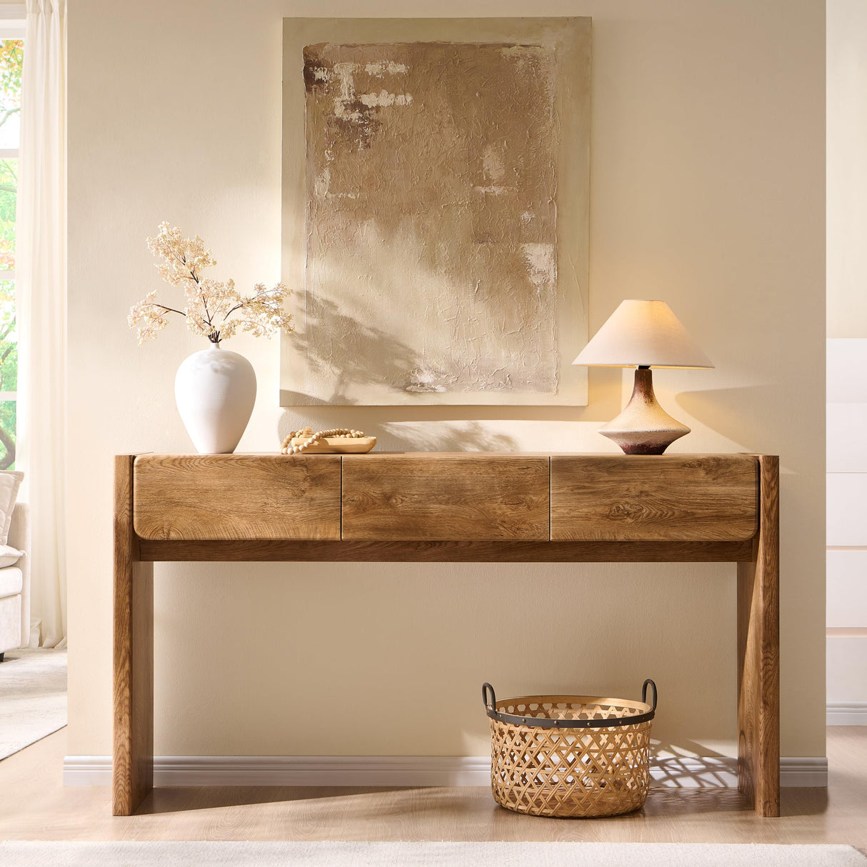 OKD 63'' Console Table with 3 Drawers, Farmhouse Entryway Table with Rounded Corners, Console Table Behind Couch for Living Room/Hallway-Light Knotty Oak OKD