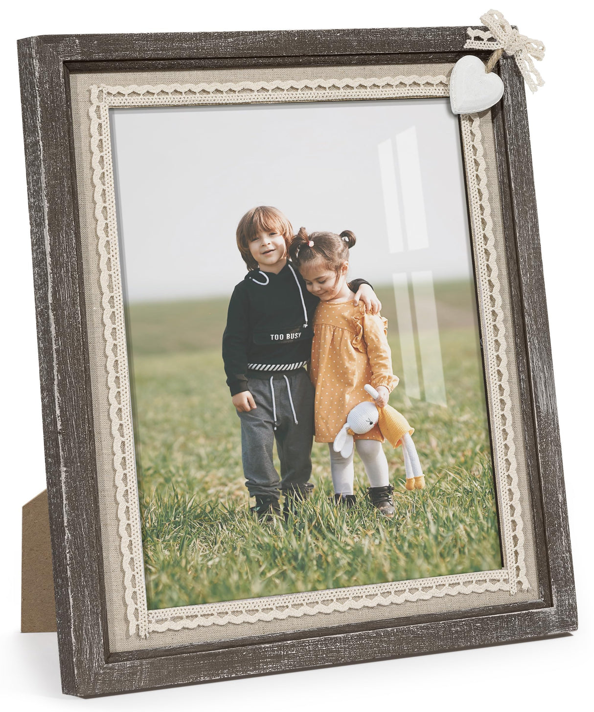 Sapowerntus 8x10 Picture Frames Rustic Wood Farmhouse Cute Heart Love Solid Wooden Family Photo Frame Lace Bow Glass Boho Wall Decor Hanging Tabletop Kids Mom Mother Wedding Gift Sapowerntus