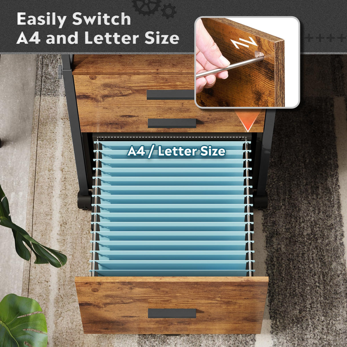 DEVAISE File Cabinet with Storage Drawers, Rolling Printer Stand with Adjustable Shelves, Wood Filing Cabinet for Home Office, Rustic Brown DEVAISE