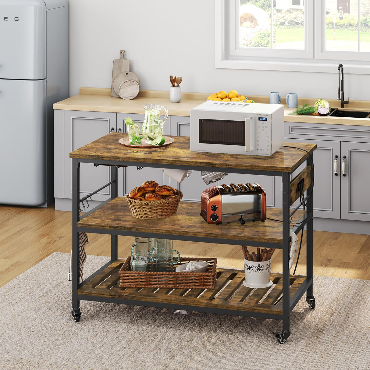 Yaheetech Kitchen Island with Power Outlet, Rolling Kitchen Cart with Wine Rack & Glass Holder & Hooks, Coffee Bar Microwave Stand Wine Rack Table for Dining Room, 47.5" W x 24" D, Rustic Brown Yaheetech