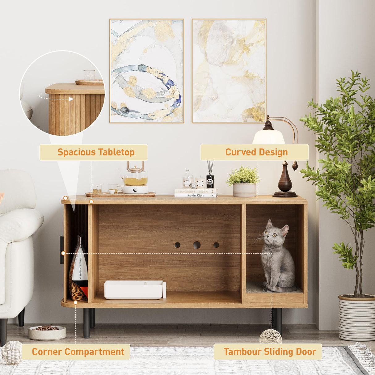 Cat Litter Box Enclosure with Cat Scratch Pad, Sliding Door, 37.4" Litter Box Enclosure Furniture Hidden Litter Box, Modern Indoor Cat House, TV Stand, Side End Table for Living Room, Natural Halitaa