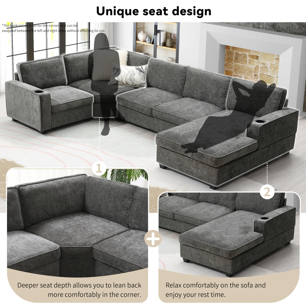 Merax Modern U-Shaped Cloud Couch Set with Oversized Chaise Lounge, Chenille 6-Seat Sectional Sofa Sleeper Bed with Cup Holders for Living Room Dark Gray Merax