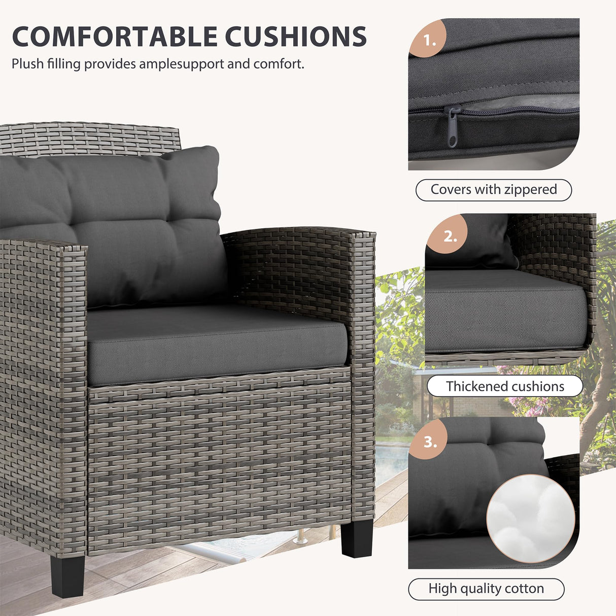 Vongrasig 3 Piece Patio Furniture Set Small Outdoor Wicker Rattan Front Porch Bistro Set Cushioned Patio Chairs Conversation Set with Glass Table for Lawn, Garden, Backyard, Balcony, Poolside (Grey) Vongrasig