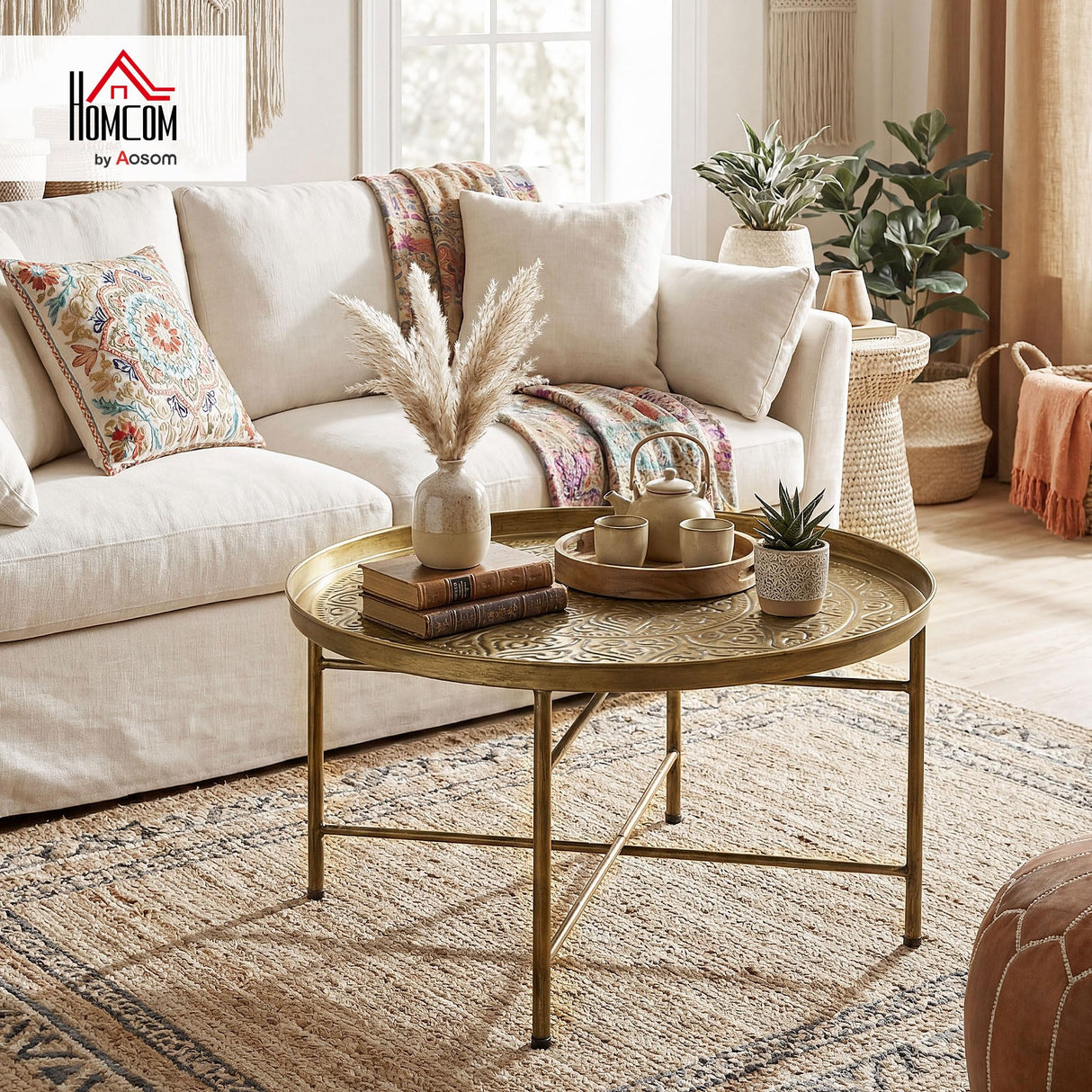 HOMCOM 24" Round Coffee Table with Hammered Tray Top, Vintage Metal Center Table for Living Room, Bedroom, Side Table, Gold HOMCOM