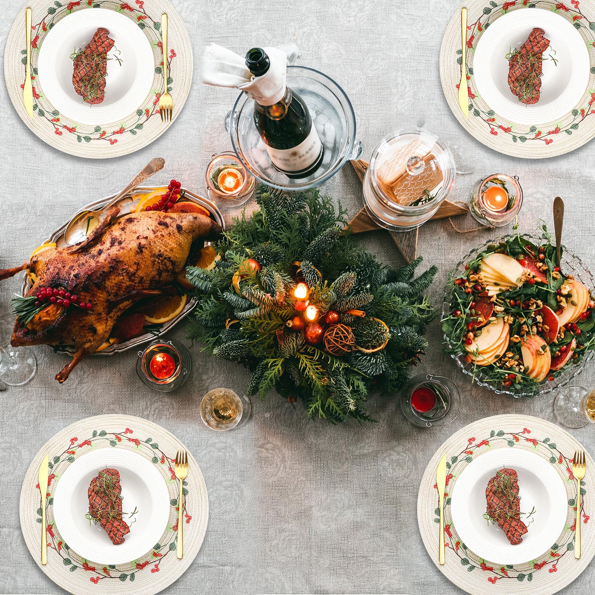 Buryeah 12 Set Christmas Round Placemats Washable 15 Inch Woven Placemats Embroidered Applique Place Mats Christmas Decorations for Winter Holiday Kitchen Dining Table (Berry) Buryeah