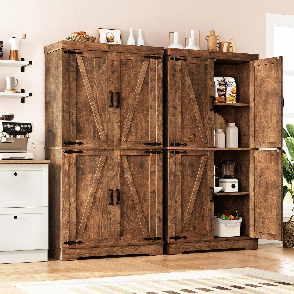 Jocoevol Pantry Cabinet, 68'' Kitchen Pantry Storage Cabinet with 4 Doors and Adjustable Shelves, Farmhouse Tall Food Large Wood Pantry Storage Furniture for Kitchen Dining Room, Brown Jocoevol