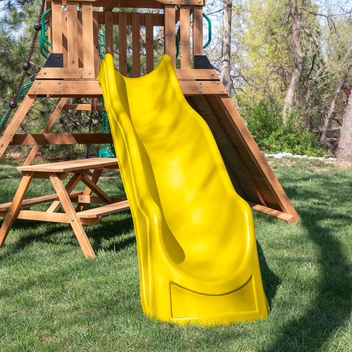 Backyard Discovery Endeavor II All Cedar Wood Swing Set Playset for Backyard with Yellow Wave Slide Climbing Wall with Rope Picnic Table Double Wide Rock Wall 2 Belt Swings and 1 Web Swing Gift Backyard Discovery