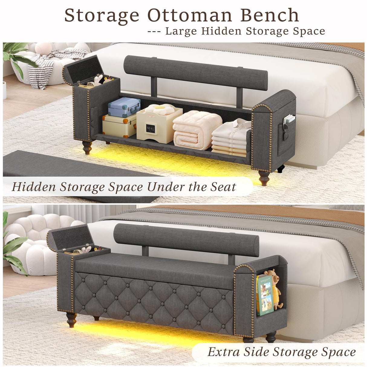 BYSAUD 51" Ottoman with Storage, Storage Ottoman Bench with LED Lights, End of Bed Bench with Upholstered Backrest & Curved Arm, Entryway Bench with Tufted Button for Bedroom Living Room, Dark Gray BYSAUD
