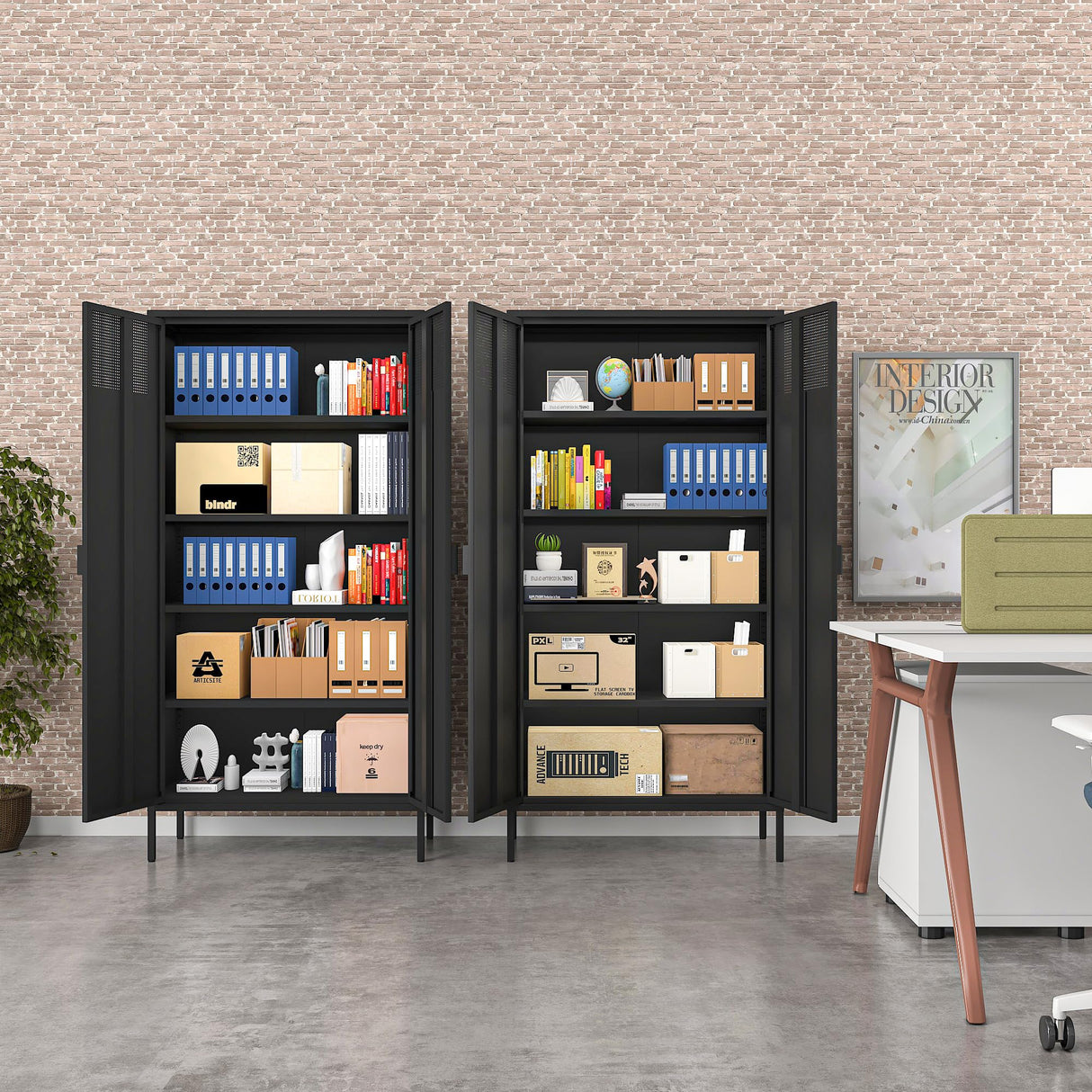 COFaR 5 Tier Black Metal Storage Cabinet, Free Standing with 2 Doors, 4 Adjustable Shelves and Legs, Cupboard Metal Cabinet for Living Room, Kitchen, Dining Room, Office COFaR