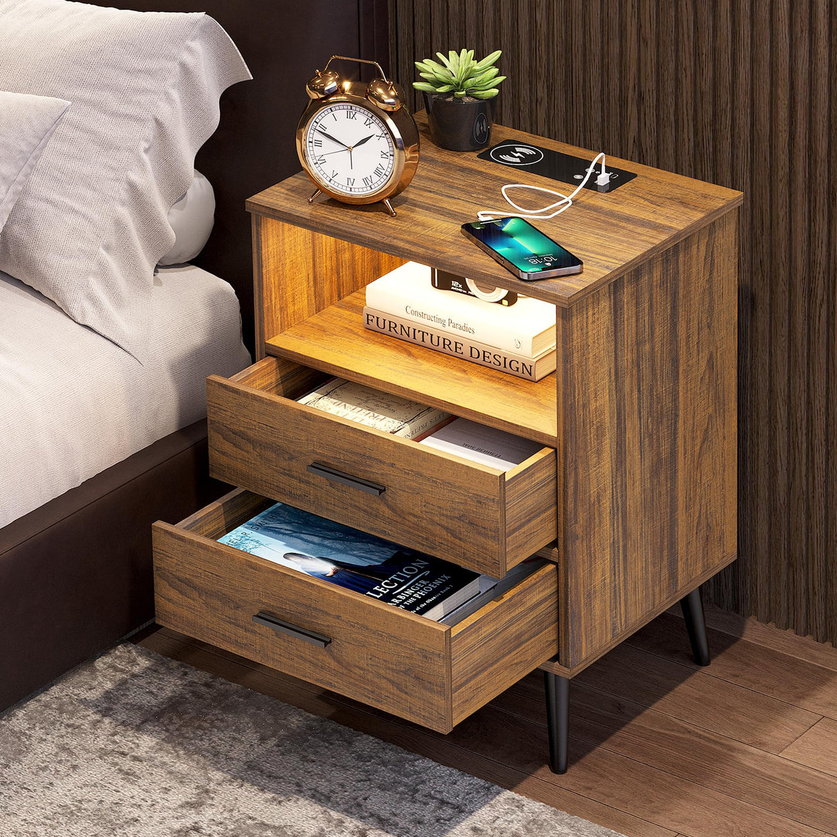 LVSOMT LED Nightstand with 3 Colors Dimmable Light, Bedroom Night Stand with Charging Station, Modern Smart Bed Side Table with 2 Drawers, Metal Legs, End Table for Living Room, Rustic Brown LVSOMT