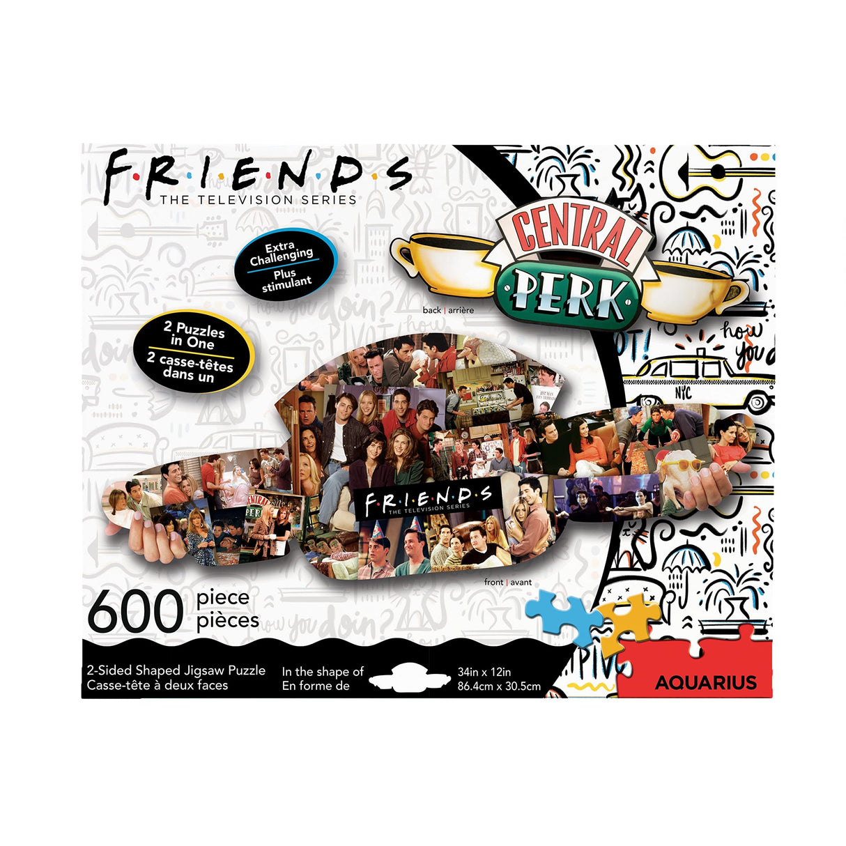 AQUARIUS Friends Central Perk Puzzle (2-Sided Shaped 600 Piece Jigsaw Puzzle) - Glare Free - Precision Fit - Officially Licensed Friends TV Show Merchandise & Collectibles - 34x12 in AQUARIUS