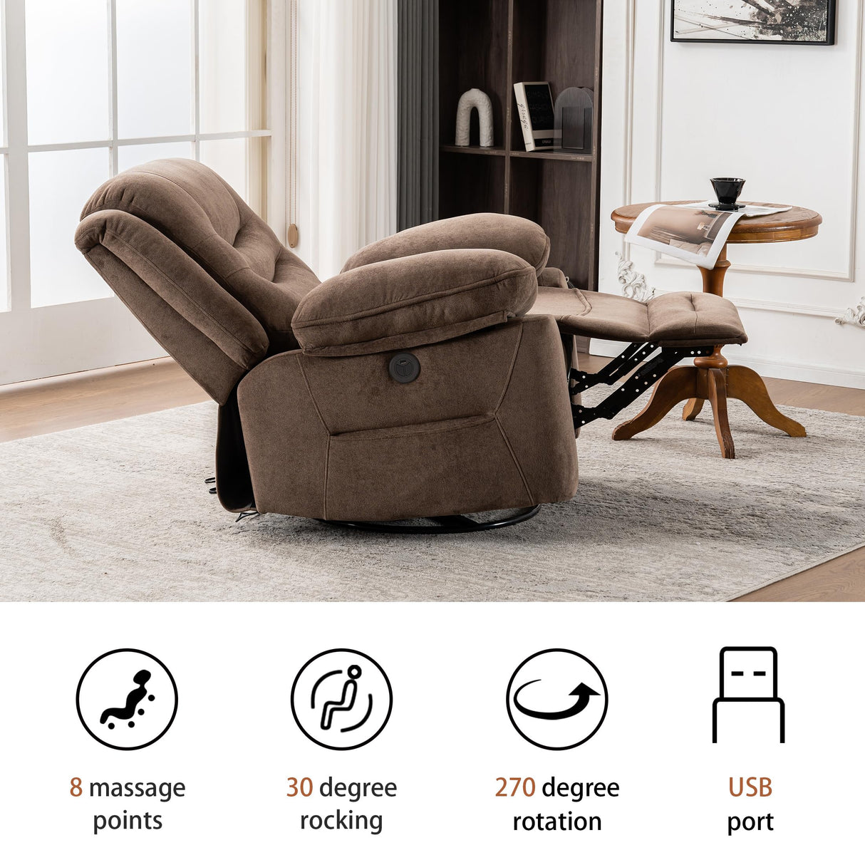 Ketaiyou Power Swivel Rocker Recliner with Massage and Heat, USB Port, Infinite Position, Overstuffed Electric Glider Rocking Chairs Living Room, Soft Fabric Reclining Sofa Chair(Mocha) Ketaiyou
