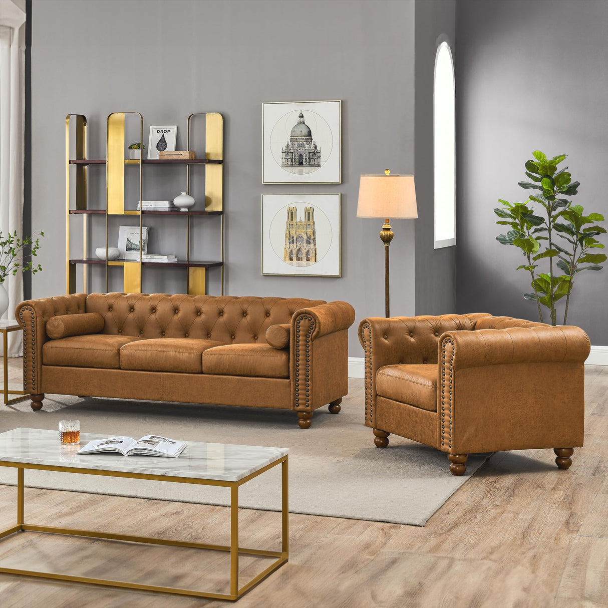 Asucoora Air Leather Tufted Sofa Couch for Living Room, Rolled Arm 3-Seater Sofa Couch with Nailhead Trim and 2 Neck Roll Pillows, Small Apartment Chesterfield Sofa Asucoora