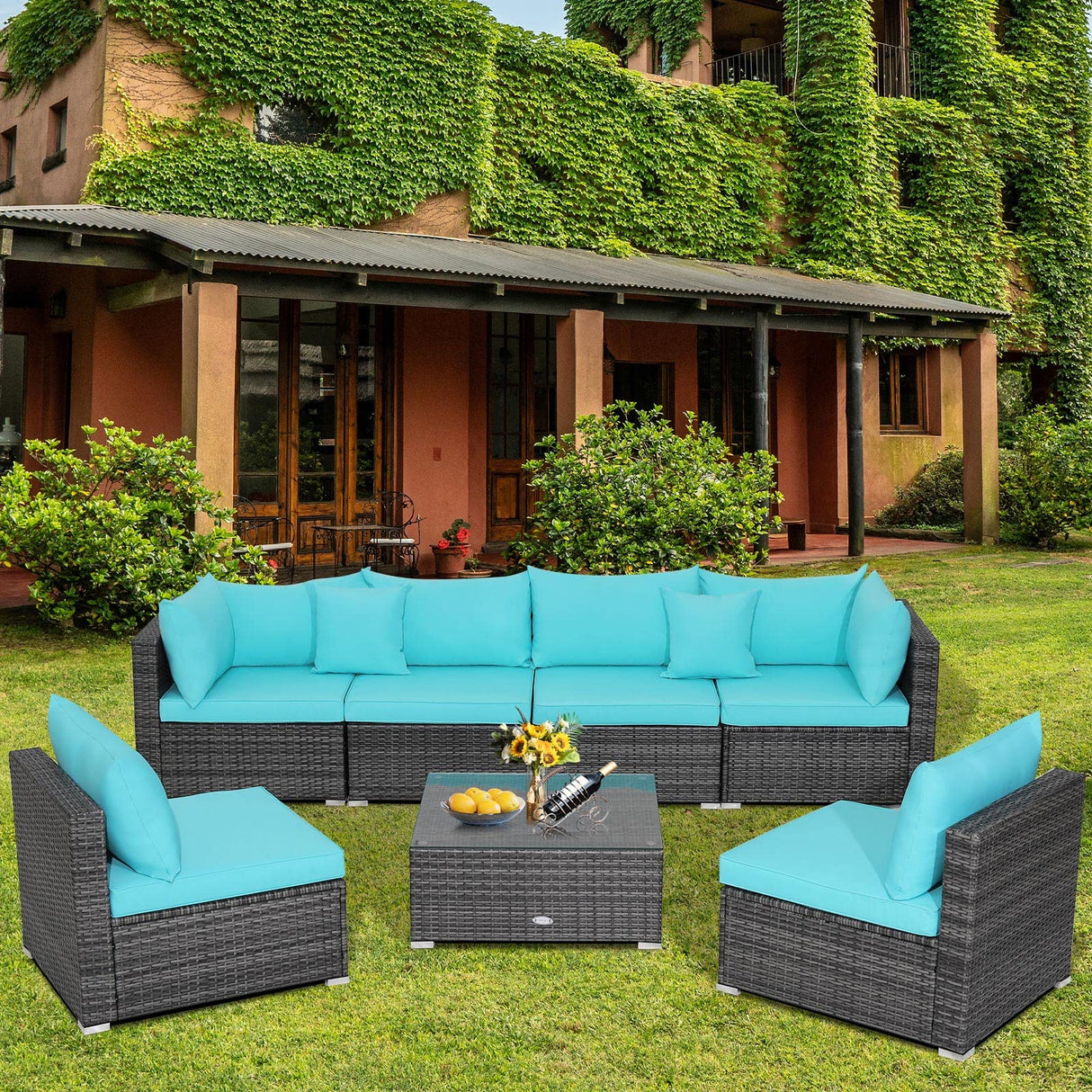 Tangkula 7 Pieces Patio Furniture Set, Patiojoy All-Weather Outdoor Rattan Sectional Sofa Set with Cushions and Tempered Glass Coffee Table, for Garden, Lawn, Backyard (Turquoise) Tangkula