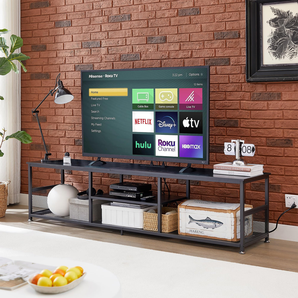 VECELO TV Stand with Power Outlets for Televisions up to 80Inch, 70" Media Entertainment Center with Charging Station 3-Tier Open Storage Shelves with Metal Frame for Living Room/Bedroom,Black VECELO